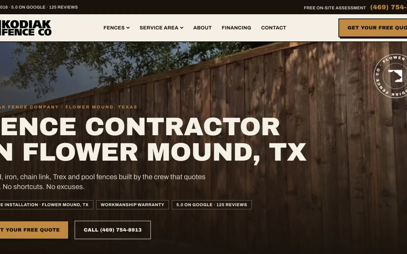 Kodiak Fence Company website homepage