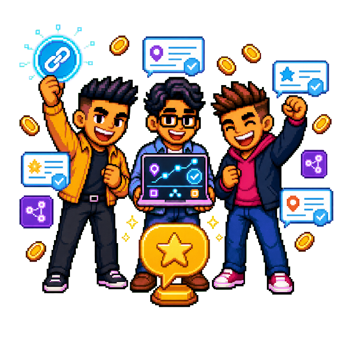 AI SEO Agency for Search, Answers, and Revenue character celebrating business growth